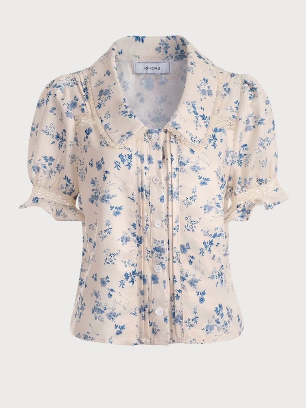 RIHOAS Cream and Blue Pleated Floral Blouse